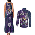 Personalised Melbourne Storm Couples Matching Tank Maxi Dress and Long Sleeve Button Shirt Polynesian Tribal Pattern With Rugby Storm Man Mascot Art