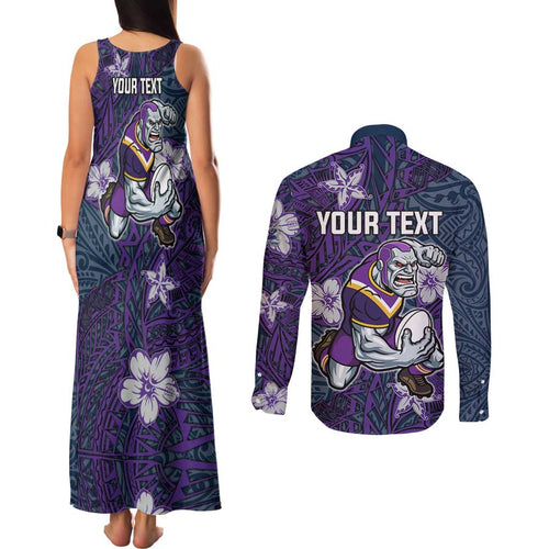 Personalised Melbourne Storm Couples Matching Tank Maxi Dress and Long Sleeve Button Shirt Polynesian Tribal Pattern With Rugby Storm Man Mascot Art