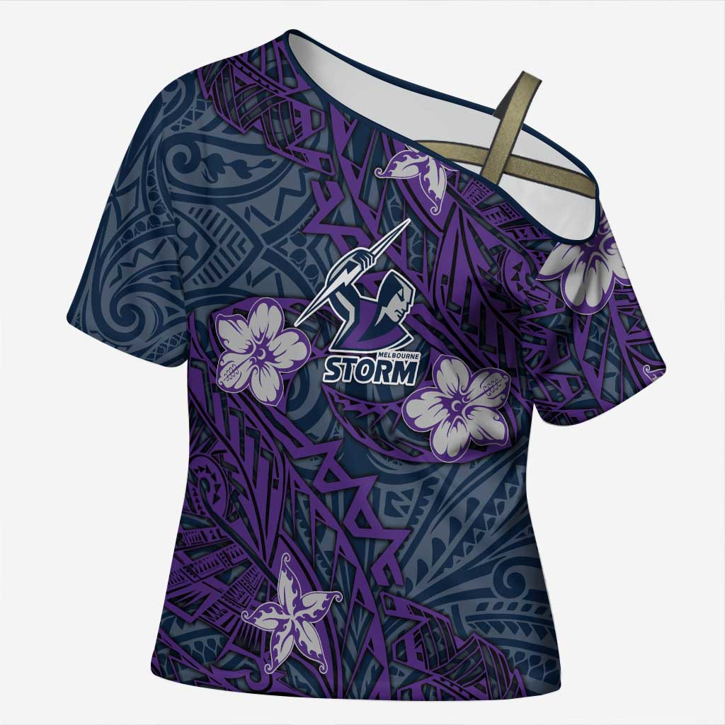 Personalised Melbourne Storm Cross Shoulder Shirt Polynesian Tribal Pattern With Rugby Storm Man Mascot Art