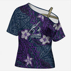 Personalised Melbourne Storm Cross Shoulder Shirt Polynesian Tribal Pattern With Rugby Storm Man Mascot Art