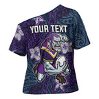 Personalised Melbourne Storm Cross Shoulder Shirt Polynesian Tribal Pattern With Rugby Storm Man Mascot Art