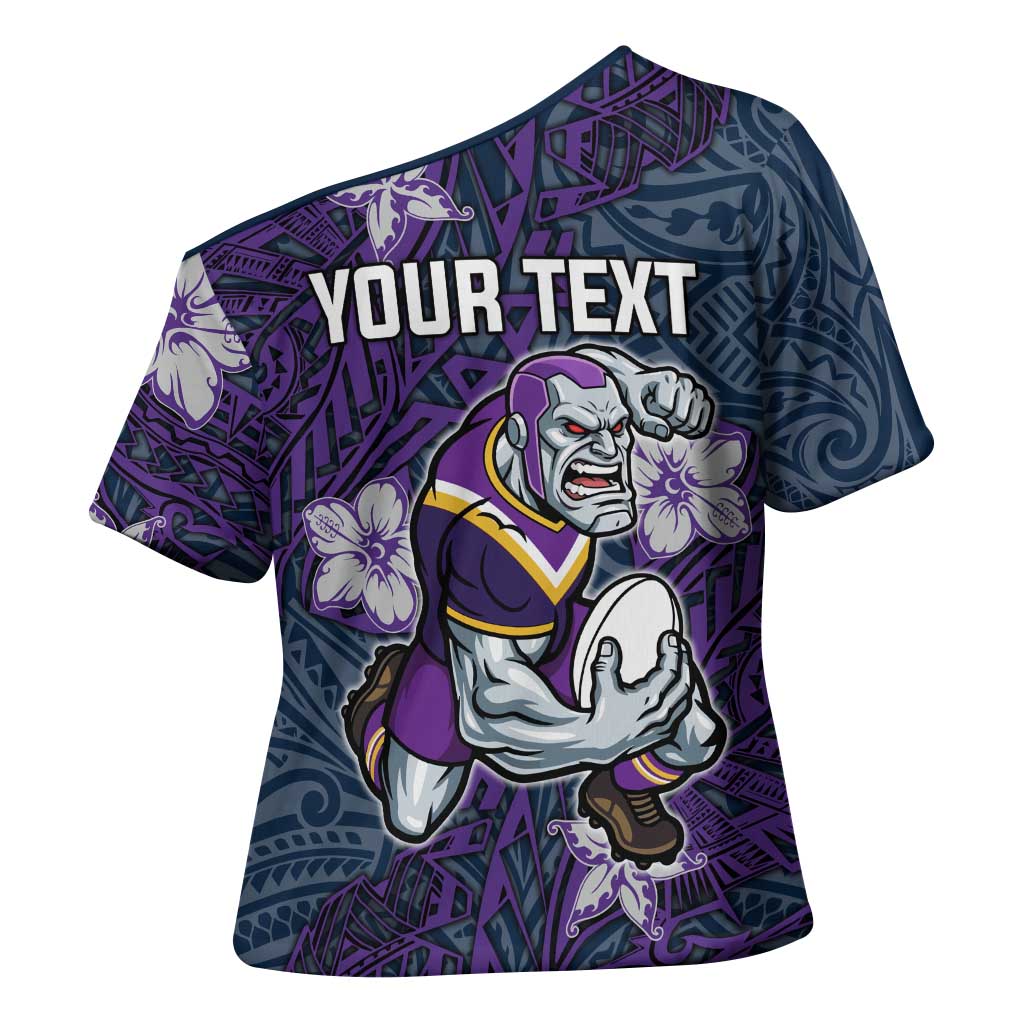 Personalised Melbourne Storm Cross Shoulder Shirt Polynesian Tribal Pattern With Rugby Storm Man Mascot Art