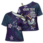 Personalised Melbourne Storm Cross Shoulder Shirt Polynesian Tribal Pattern With Rugby Storm Man Mascot Art