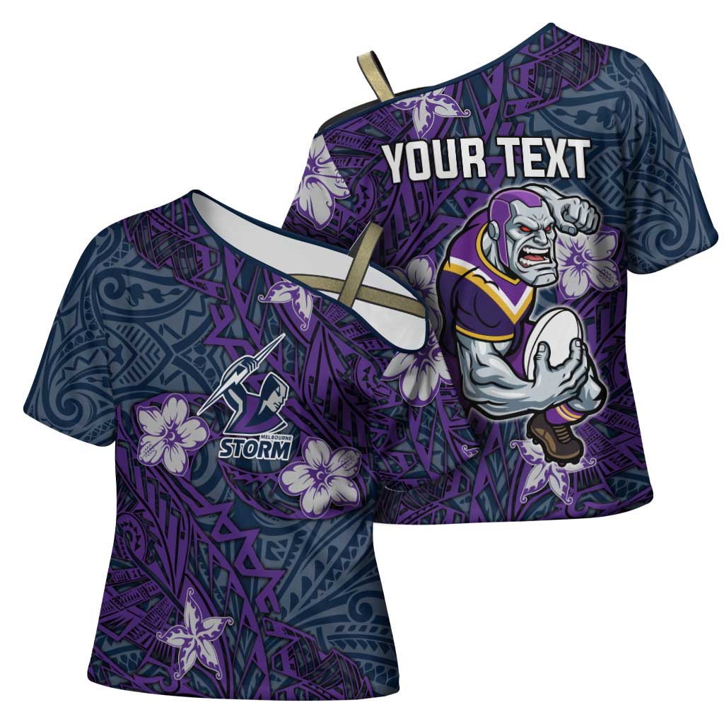Personalised Melbourne Storm Cross Shoulder Shirt Polynesian Tribal Pattern With Rugby Storm Man Mascot Art
