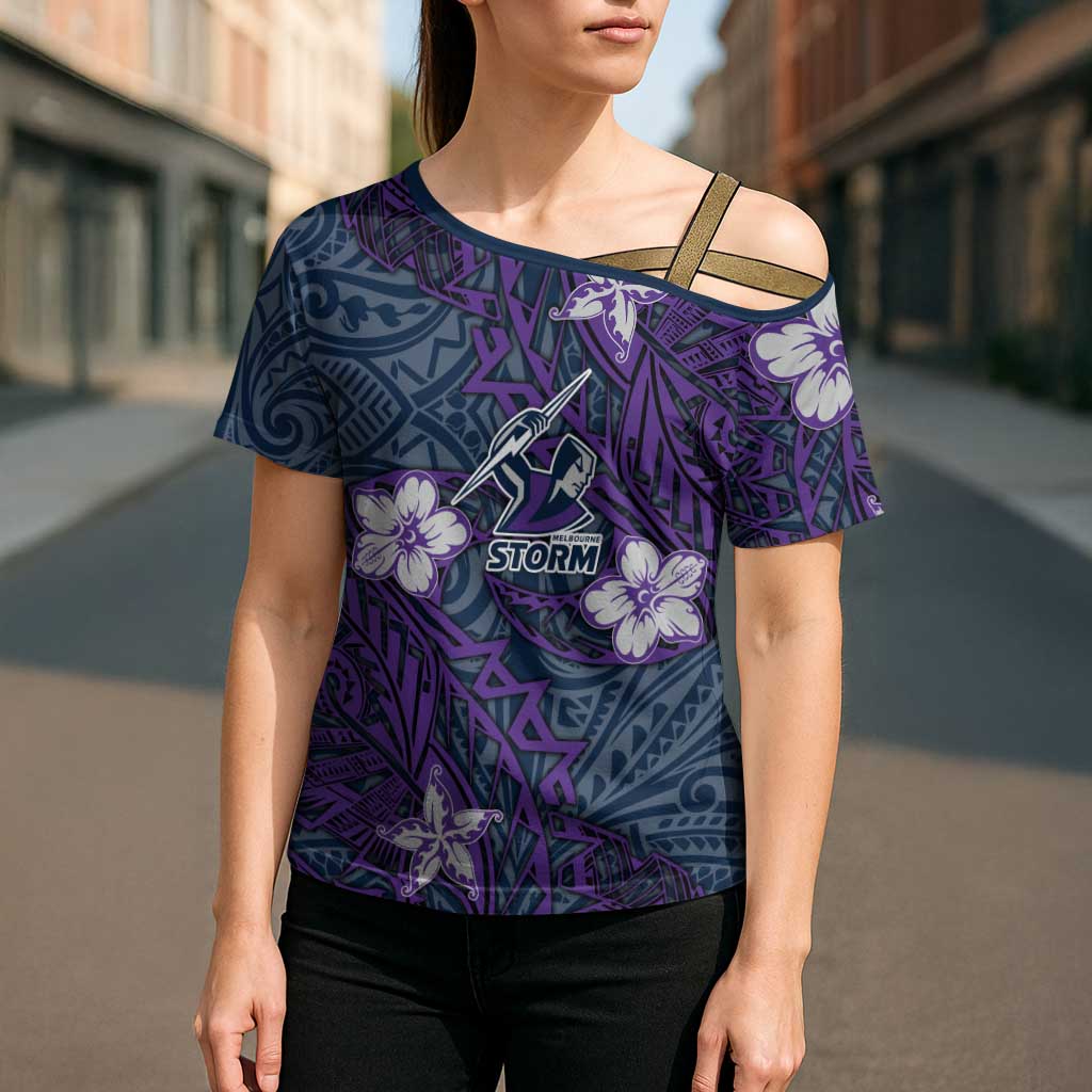 Personalised Melbourne Storm Cross Shoulder Shirt Polynesian Tribal Pattern With Rugby Storm Man Mascot Art
