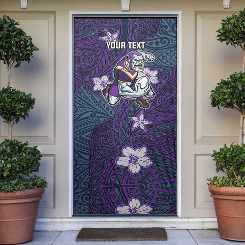 Personalised Melbourne Storm Door Cover Polynesian Tribal Pattern With Rugby Storm Man Mascot Art