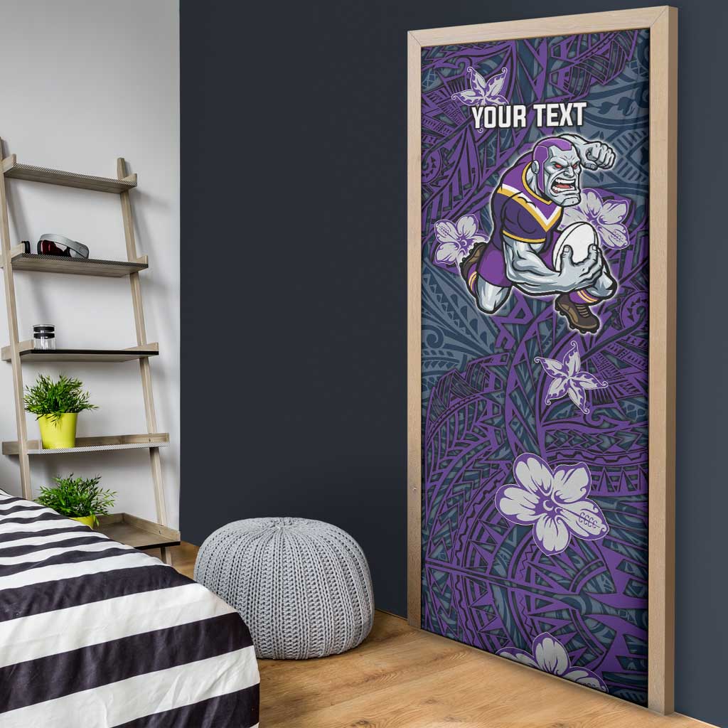 Personalised Melbourne Storm Door Cover Polynesian Tribal Pattern With Rugby Storm Man Mascot Art