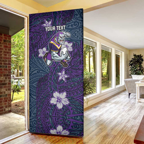 Personalised Melbourne Storm Door Cover Polynesian Tribal Pattern With Rugby Storm Man Mascot Art