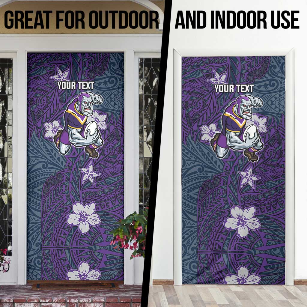 Personalised Melbourne Storm Door Cover Polynesian Tribal Pattern With Rugby Storm Man Mascot Art