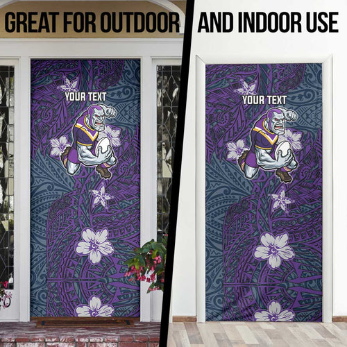 Personalised Melbourne Storm Door Cover Polynesian Tribal Pattern With Rugby Storm Man Mascot Art