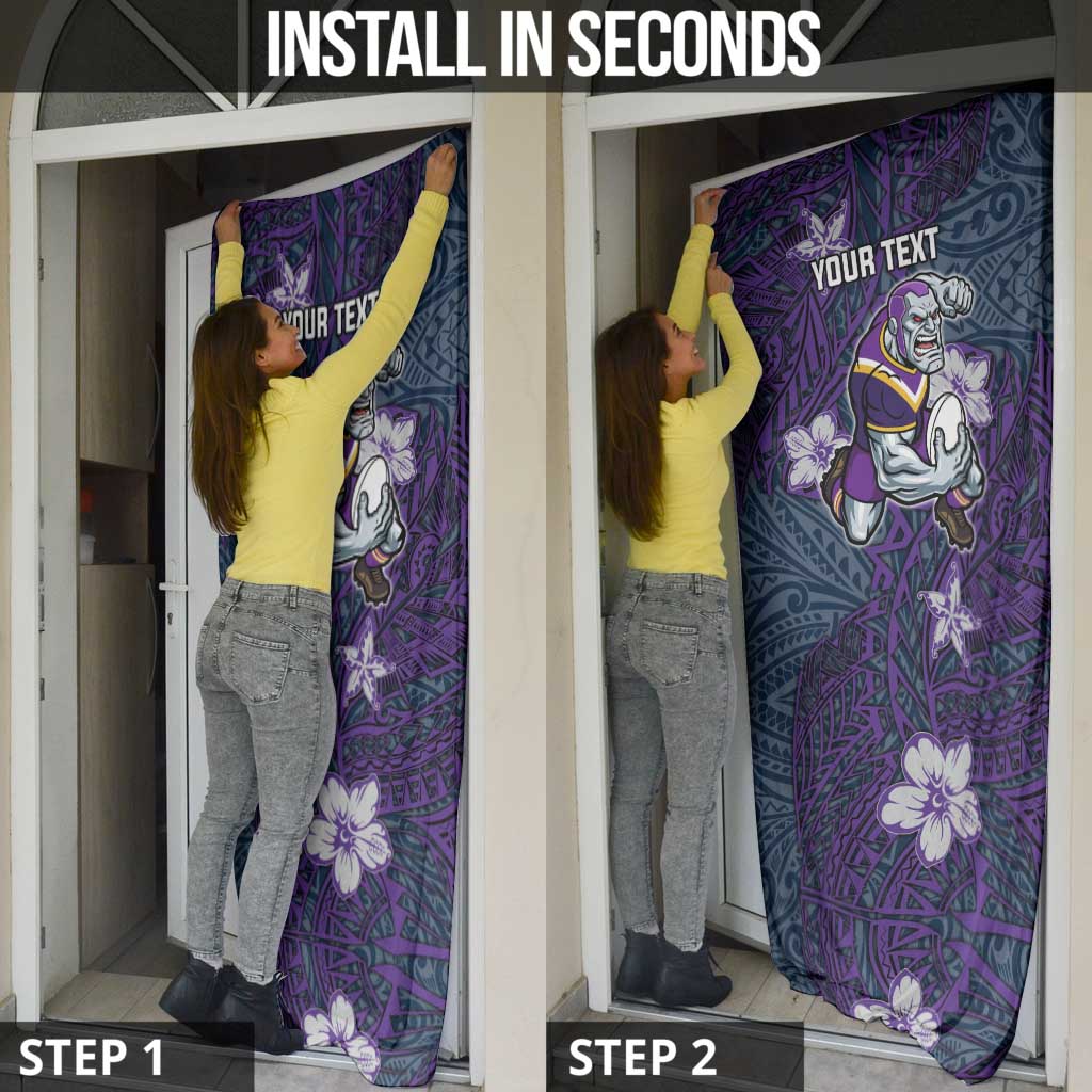 Personalised Melbourne Storm Door Cover Polynesian Tribal Pattern With Rugby Storm Man Mascot Art