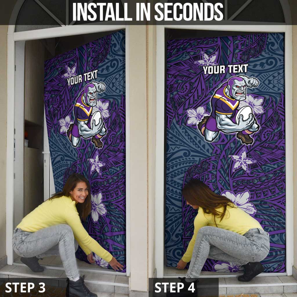 Personalised Melbourne Storm Door Cover Polynesian Tribal Pattern With Rugby Storm Man Mascot Art