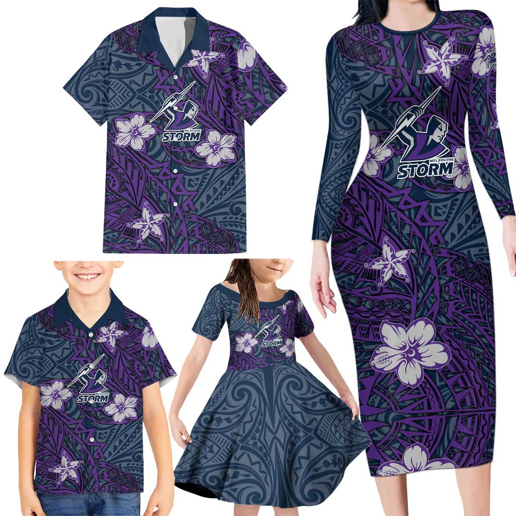 Personalised Melbourne Storm Family Matching Long Sleeve Bodycon Dress and Hawaiian Shirt Polynesian Tribal Pattern With Rugby Storm Man Mascot Art