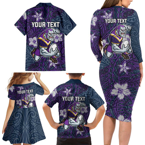 Personalised Melbourne Storm Family Matching Long Sleeve Bodycon Dress and Hawaiian Shirt Polynesian Tribal Pattern With Rugby Storm Man Mascot Art