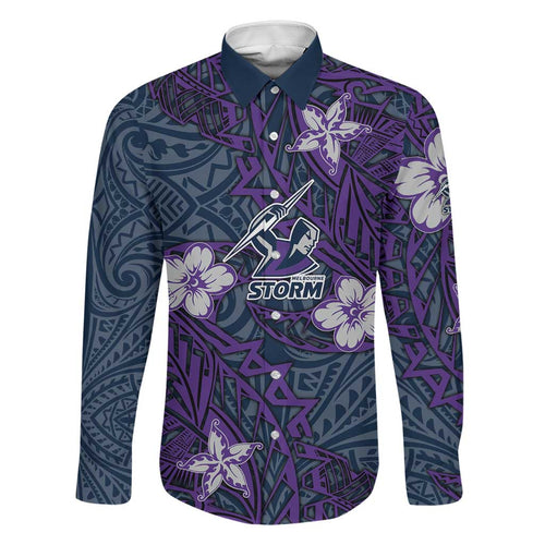 Personalised Melbourne Storm Family Matching Long Sleeve Bodycon Dress and Hawaiian Shirt Polynesian Tribal Pattern With Rugby Storm Man Mascot Art