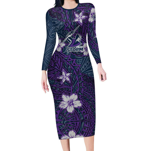 Personalised Melbourne Storm Family Matching Long Sleeve Bodycon Dress and Hawaiian Shirt Polynesian Tribal Pattern With Rugby Storm Man Mascot Art