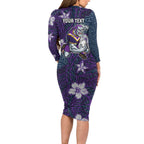 Personalised Melbourne Storm Family Matching Long Sleeve Bodycon Dress and Hawaiian Shirt Polynesian Tribal Pattern With Rugby Storm Man Mascot Art
