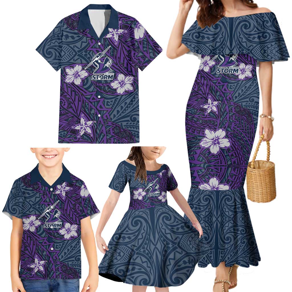 Personalised Melbourne Storm Family Matching Mermaid Dress and Hawaiian Shirt Polynesian Tribal Pattern With Rugby Storm Man Mascot Art