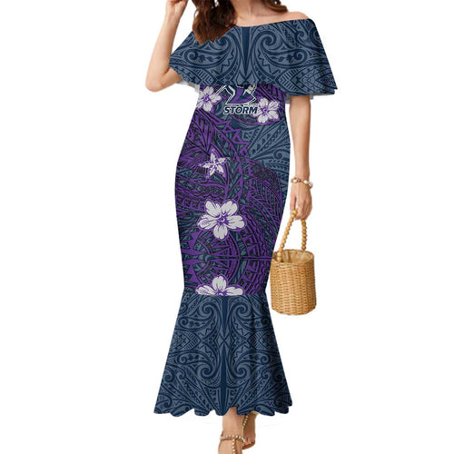 Personalised Melbourne Storm Family Matching Mermaid Dress and Hawaiian Shirt Polynesian Tribal Pattern With Rugby Storm Man Mascot Art