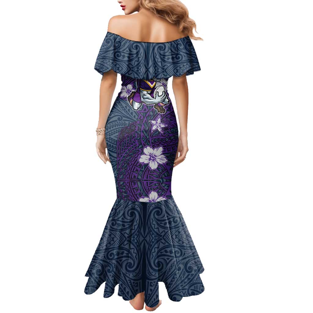 Personalised Melbourne Storm Family Matching Mermaid Dress and Hawaiian Shirt Polynesian Tribal Pattern With Rugby Storm Man Mascot Art