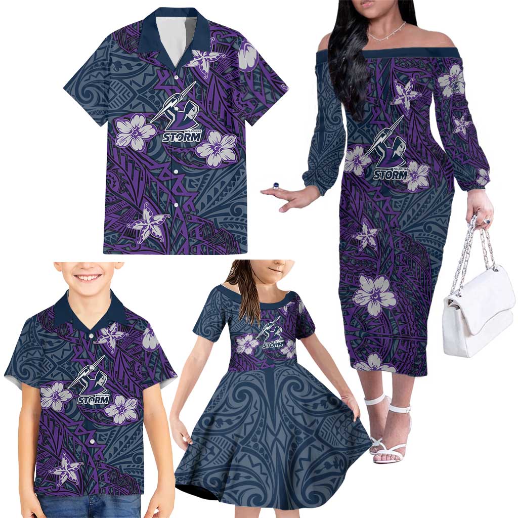 Personalised Melbourne Storm Family Matching Off The Shoulder Long Sleeve Dress and Hawaiian Shirt Polynesian Tribal Pattern With Rugby Storm Man Mascot Art