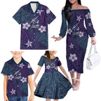 Personalised Melbourne Storm Family Matching Off The Shoulder Long Sleeve Dress and Hawaiian Shirt Polynesian Tribal Pattern With Rugby Storm Man Mascot Art