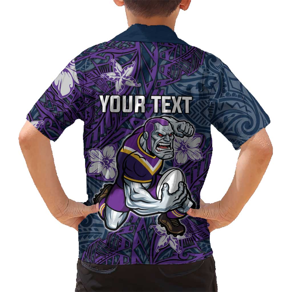 Personalised Melbourne Storm Family Matching Off The Shoulder Long Sleeve Dress and Hawaiian Shirt Polynesian Tribal Pattern With Rugby Storm Man Mascot Art