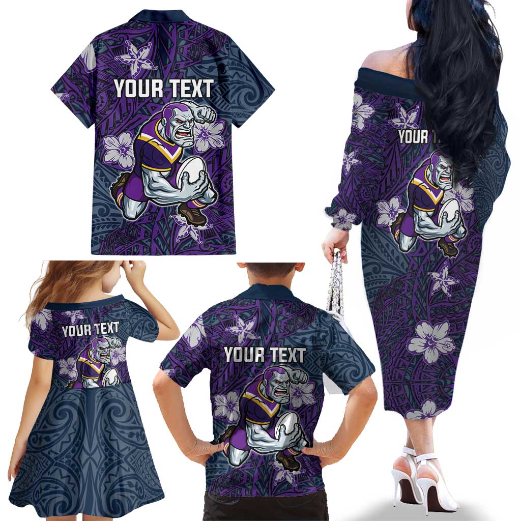 Personalised Melbourne Storm Family Matching Off The Shoulder Long Sleeve Dress and Hawaiian Shirt Polynesian Tribal Pattern With Rugby Storm Man Mascot Art