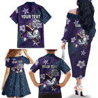 Personalised Melbourne Storm Family Matching Off The Shoulder Long Sleeve Dress and Hawaiian Shirt Polynesian Tribal Pattern With Rugby Storm Man Mascot Art