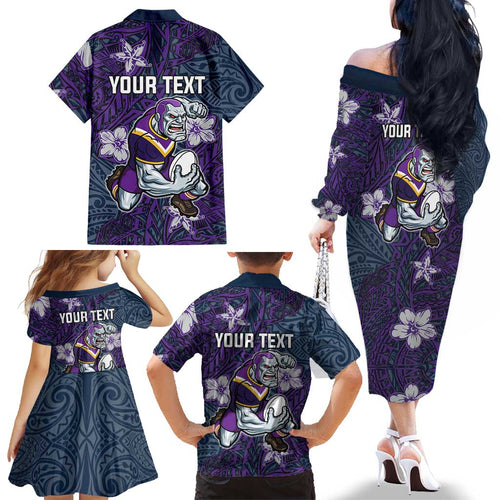 Personalised Melbourne Storm Family Matching Off The Shoulder Long Sleeve Dress and Hawaiian Shirt Polynesian Tribal Pattern With Rugby Storm Man Mascot Art
