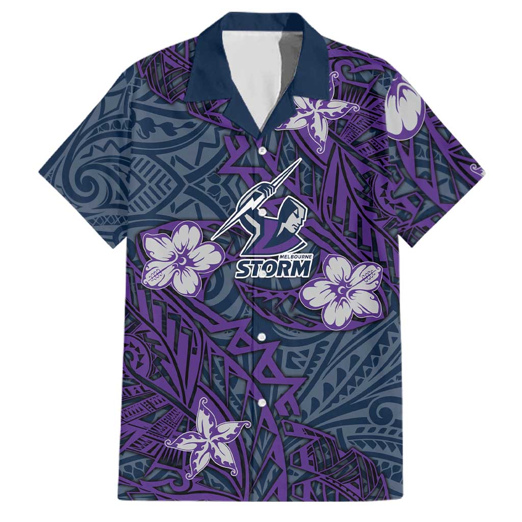 Personalised Melbourne Storm Family Matching Off The Shoulder Long Sleeve Dress and Hawaiian Shirt Polynesian Tribal Pattern With Rugby Storm Man Mascot Art