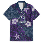 Personalised Melbourne Storm Family Matching Off The Shoulder Long Sleeve Dress and Hawaiian Shirt Polynesian Tribal Pattern With Rugby Storm Man Mascot Art