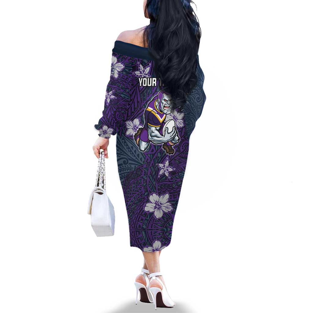 Personalised Melbourne Storm Family Matching Off The Shoulder Long Sleeve Dress and Hawaiian Shirt Polynesian Tribal Pattern With Rugby Storm Man Mascot Art