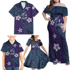 Personalised Melbourne Storm Family Matching Off Shoulder Maxi Dress and Hawaiian Shirt Polynesian Tribal Pattern With Rugby Storm Man Mascot Art