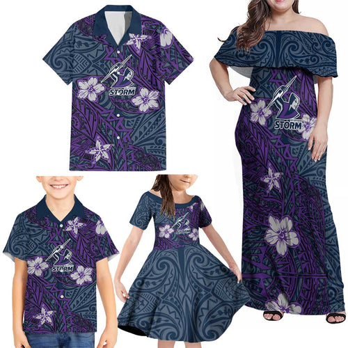 Personalised Melbourne Storm Family Matching Off Shoulder Maxi Dress and Hawaiian Shirt Polynesian Tribal Pattern With Rugby Storm Man Mascot Art