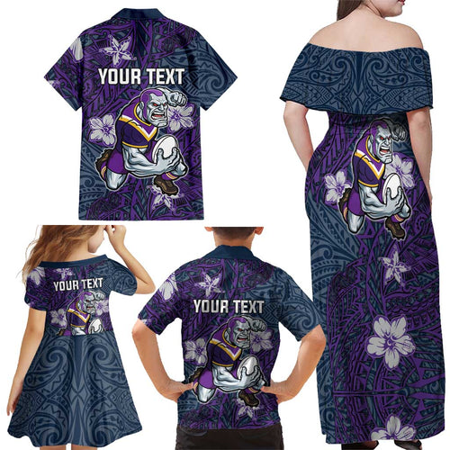 Personalised Melbourne Storm Family Matching Off Shoulder Maxi Dress and Hawaiian Shirt Polynesian Tribal Pattern With Rugby Storm Man Mascot Art