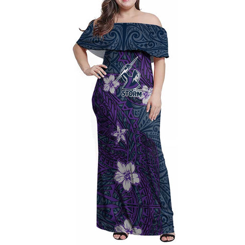 Personalised Melbourne Storm Family Matching Off Shoulder Maxi Dress and Hawaiian Shirt Polynesian Tribal Pattern With Rugby Storm Man Mascot Art