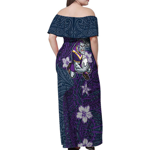 Personalised Melbourne Storm Family Matching Off Shoulder Maxi Dress and Hawaiian Shirt Polynesian Tribal Pattern With Rugby Storm Man Mascot Art