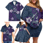 Personalised Melbourne Storm Family Matching Off Shoulder Short Dress and Hawaiian Shirt Polynesian Tribal Pattern With Rugby Storm Man Mascot Art