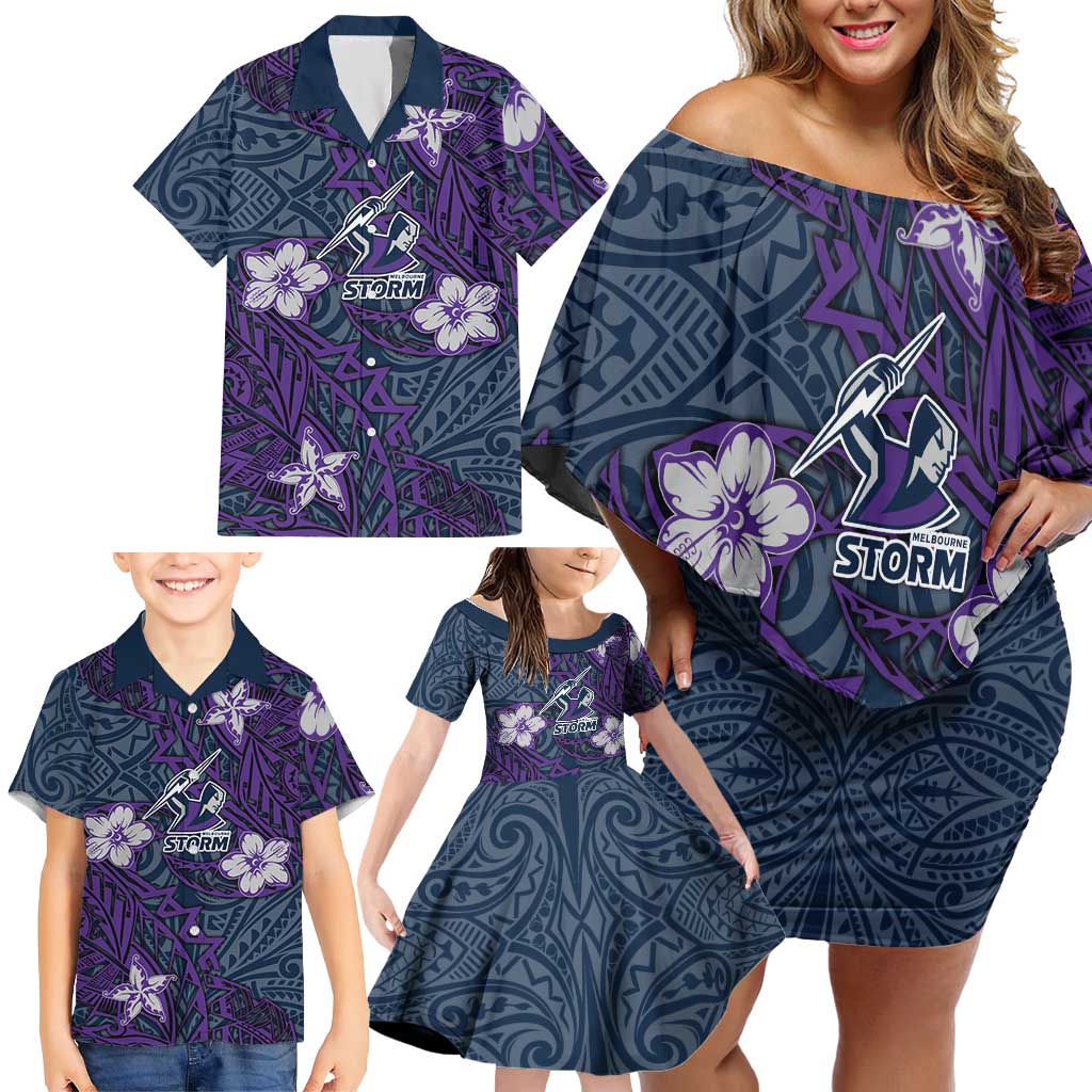 Personalised Melbourne Storm Family Matching Off Shoulder Short Dress and Hawaiian Shirt Polynesian Tribal Pattern With Rugby Storm Man Mascot Art