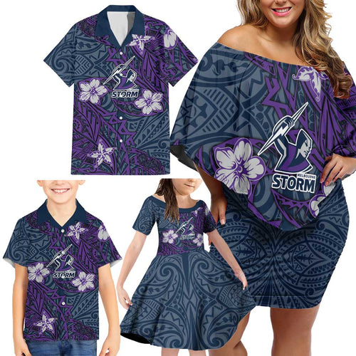 Personalised Melbourne Storm Family Matching Off Shoulder Short Dress and Hawaiian Shirt Polynesian Tribal Pattern With Rugby Storm Man Mascot Art