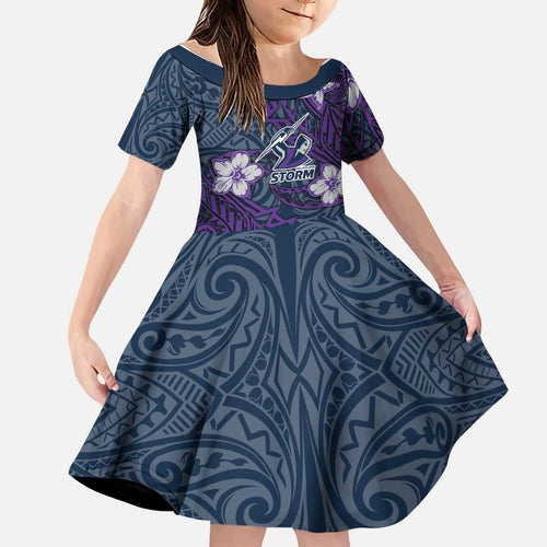 Personalised Melbourne Storm Family Matching Off Shoulder Short Dress and Hawaiian Shirt Polynesian Tribal Pattern With Rugby Storm Man Mascot Art