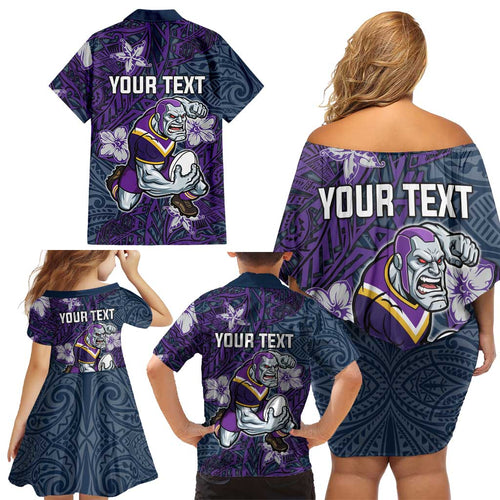 Personalised Melbourne Storm Family Matching Off Shoulder Short Dress and Hawaiian Shirt Polynesian Tribal Pattern With Rugby Storm Man Mascot Art