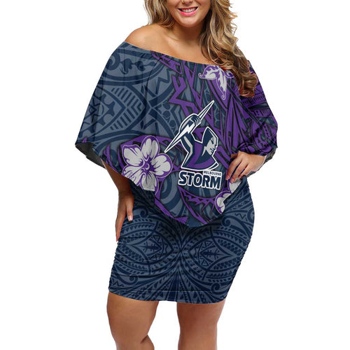 Personalised Melbourne Storm Family Matching Off Shoulder Short Dress and Hawaiian Shirt Polynesian Tribal Pattern With Rugby Storm Man Mascot Art
