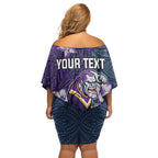 Personalised Melbourne Storm Family Matching Off Shoulder Short Dress and Hawaiian Shirt Polynesian Tribal Pattern With Rugby Storm Man Mascot Art