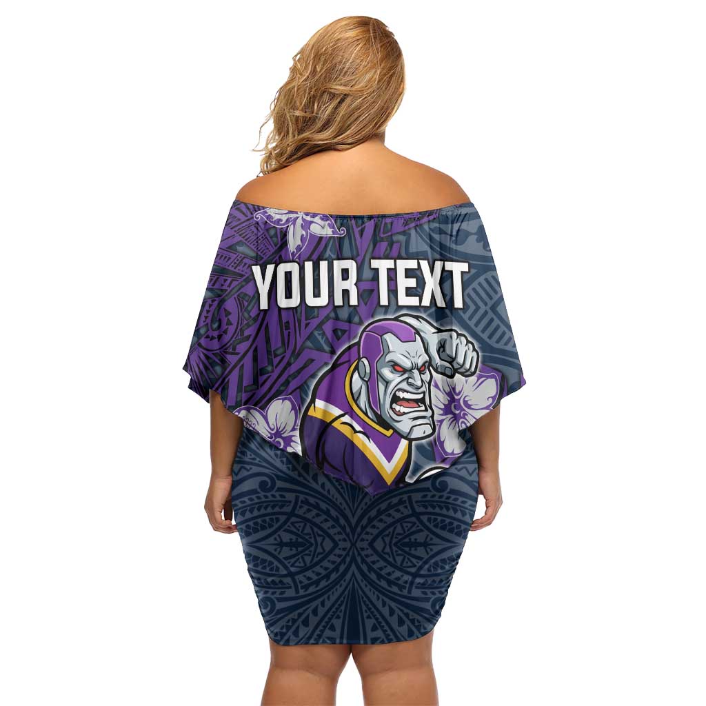 Personalised Melbourne Storm Family Matching Off Shoulder Short Dress and Hawaiian Shirt Polynesian Tribal Pattern With Rugby Storm Man Mascot Art