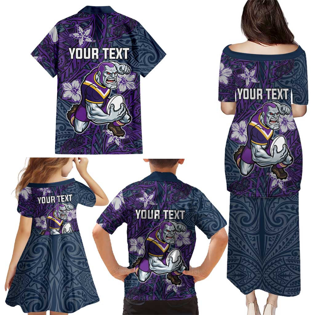 Personalised Melbourne Storm Family Matching Puletasi and Hawaiian Shirt Polynesian Tribal Pattern With Rugby Storm Man Mascot Art
