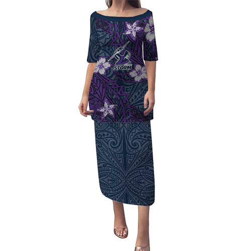 Personalised Melbourne Storm Family Matching Puletasi and Hawaiian Shirt Polynesian Tribal Pattern With Rugby Storm Man Mascot Art