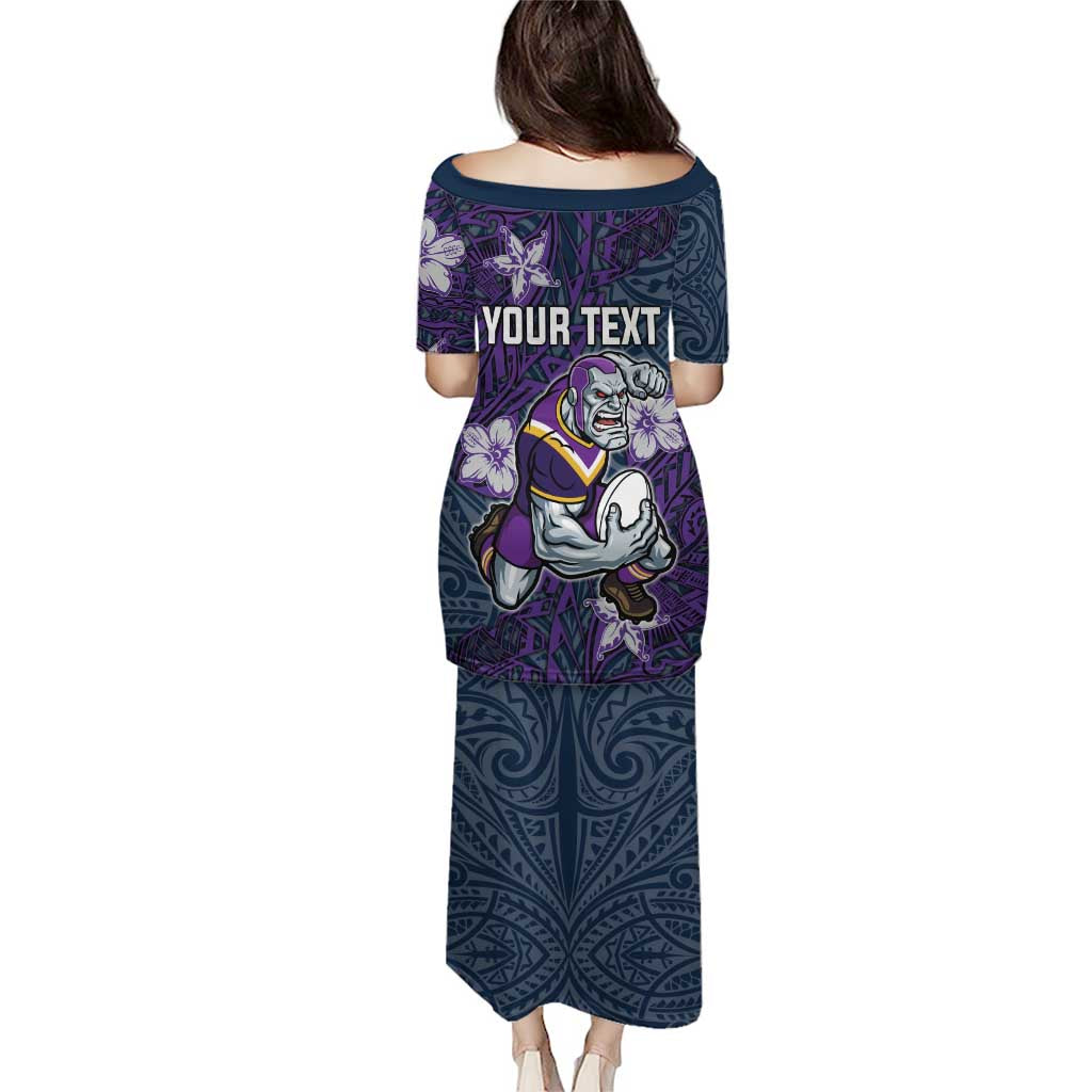 Personalised Melbourne Storm Family Matching Puletasi and Hawaiian Shirt Polynesian Tribal Pattern With Rugby Storm Man Mascot Art