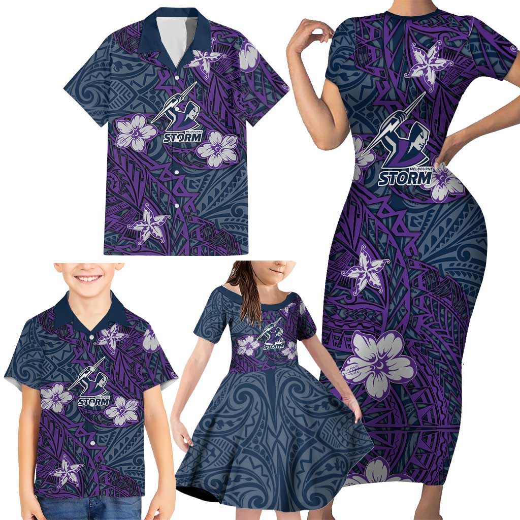 Personalised Melbourne Storm Family Matching Short Sleeve Bodycon Dress and Hawaiian Shirt Polynesian Tribal Pattern With Rugby Storm Man Mascot Art